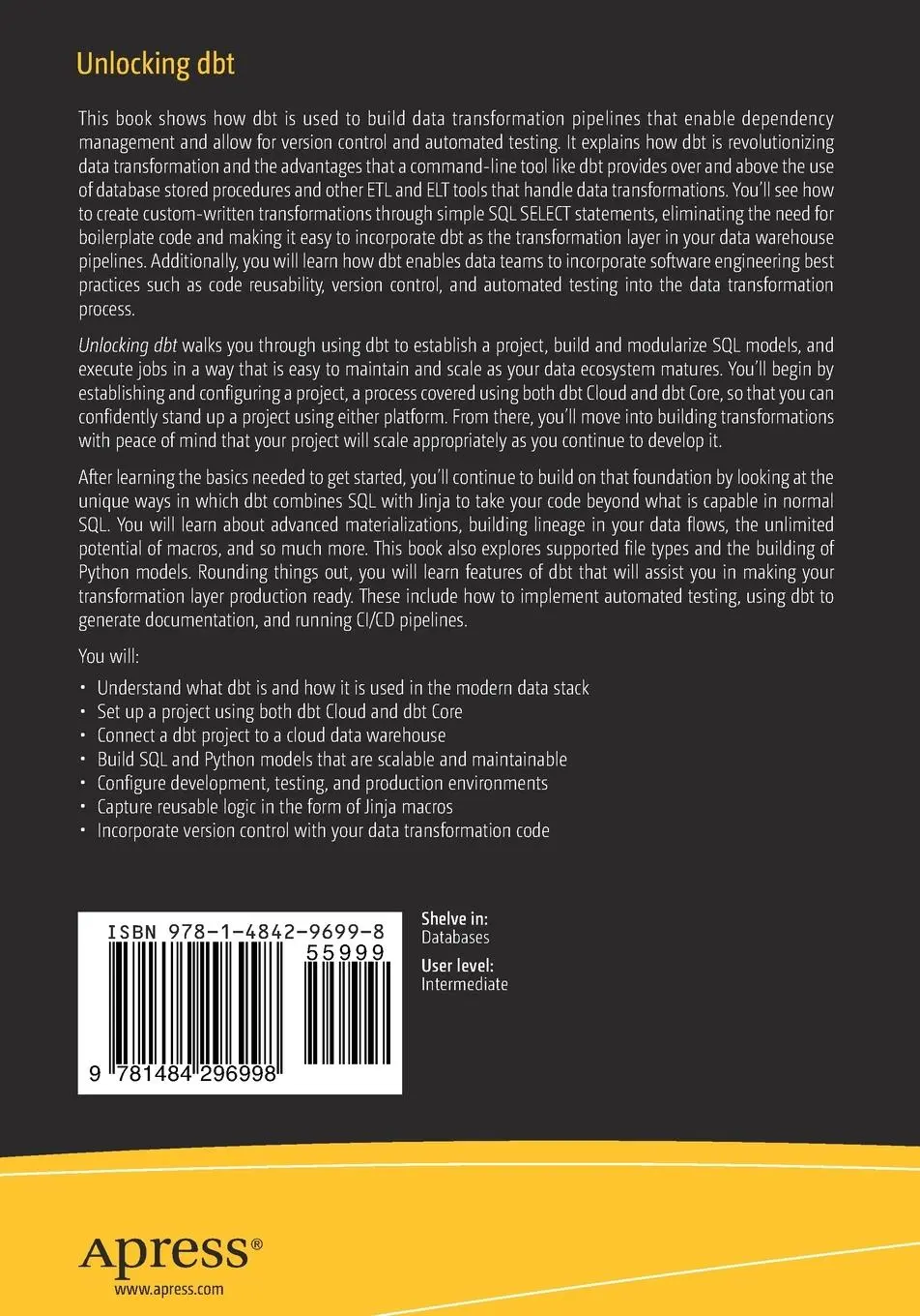 Rückseite: 9781484296998 | Unlocking dbt | Dustin Dorsey (u. a.) | Taschenbuch | xx | Englisch