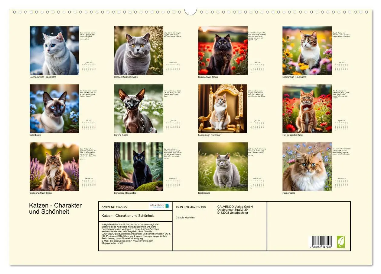 Bild: 9783457317198 | Katzen - Charakter und Schönheit (Wandkalender 2026 DIN A2 quer),...