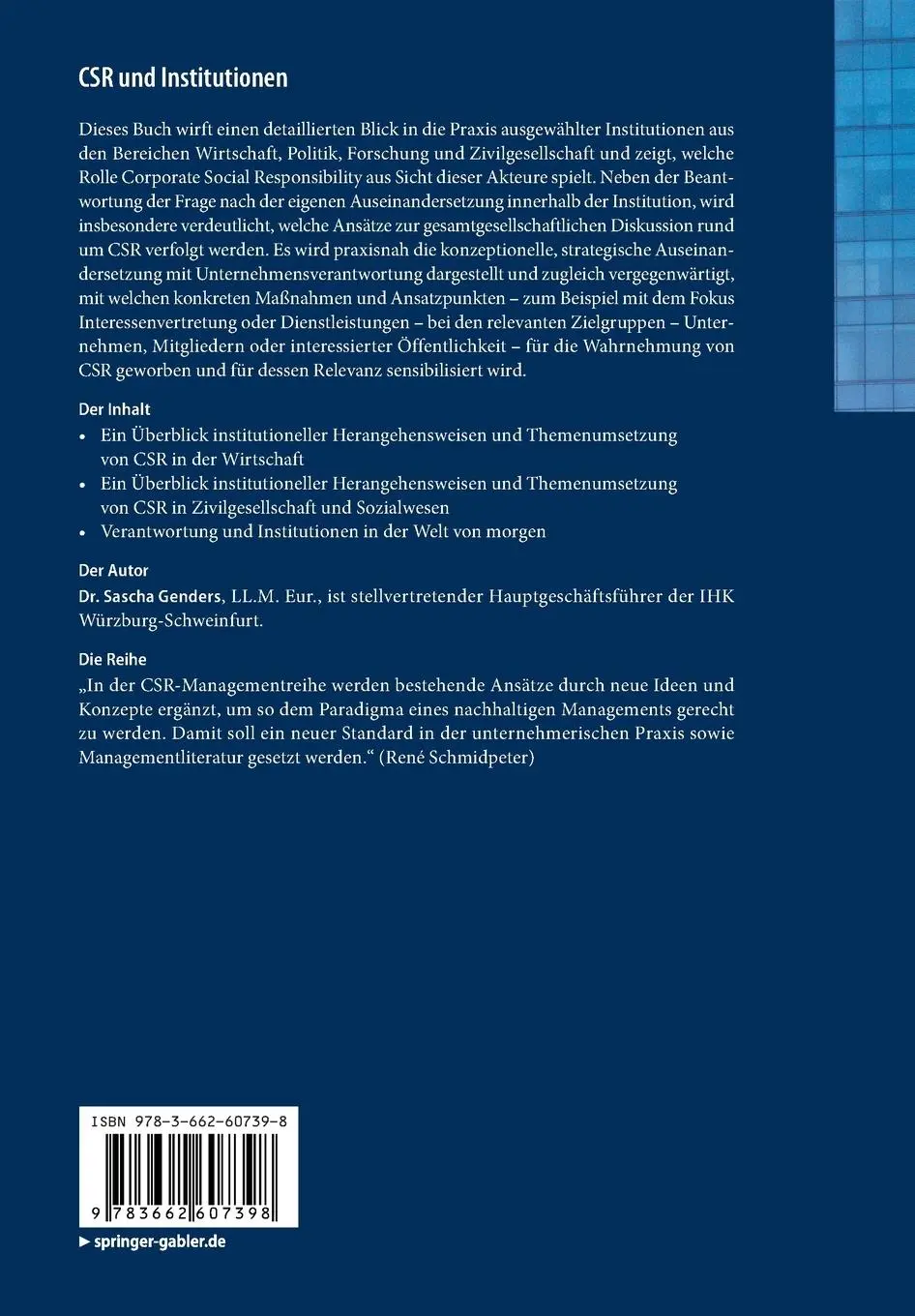 Rückseite: 9783662607398 | CSR und Institutionen | Sascha Genders | Taschenbuch | xvii | Deutsch