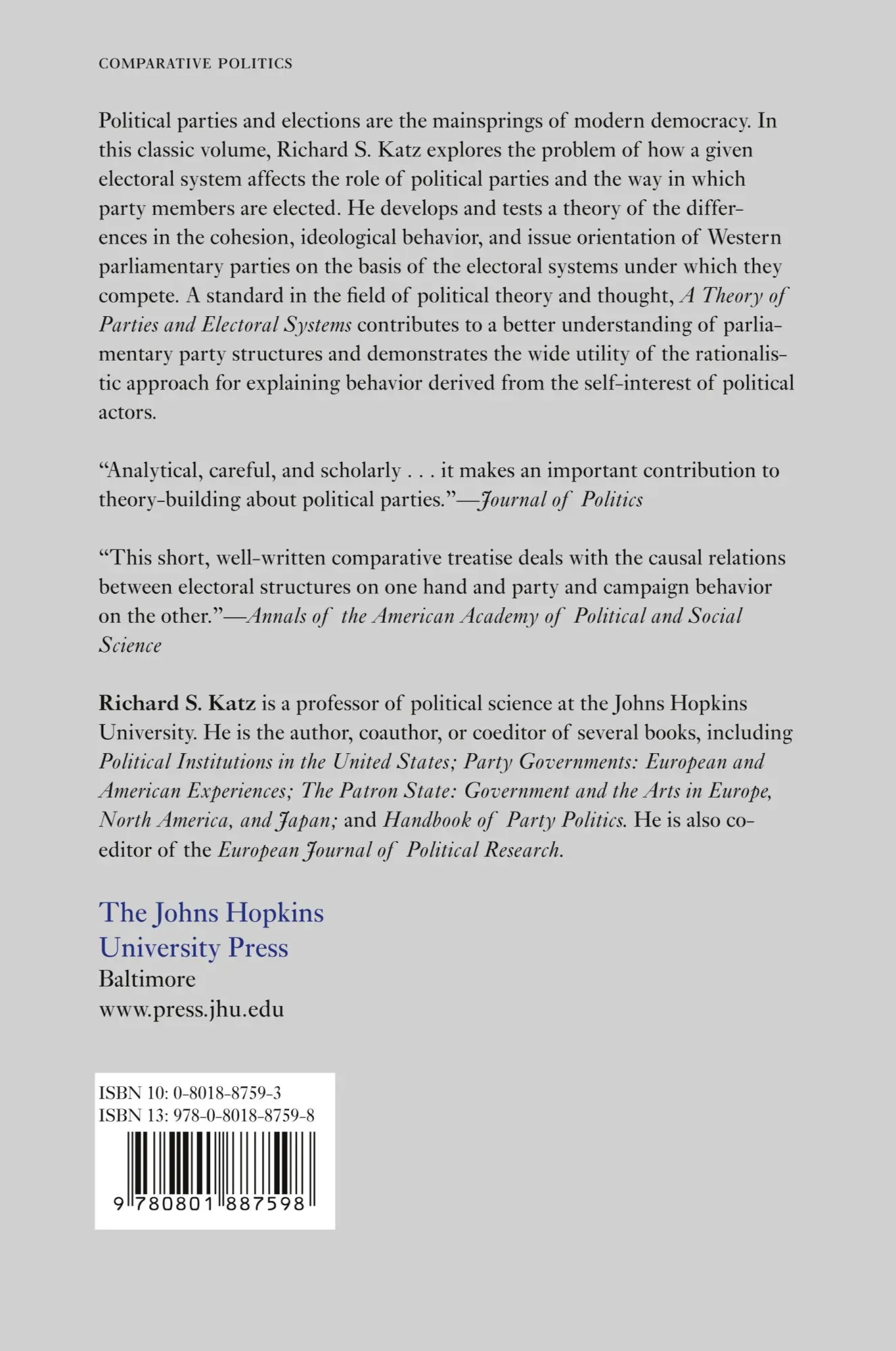 Rückseite: 9780801887598 | A Theory of Parties and Electoral Systems | Richard S. Katz | Buch