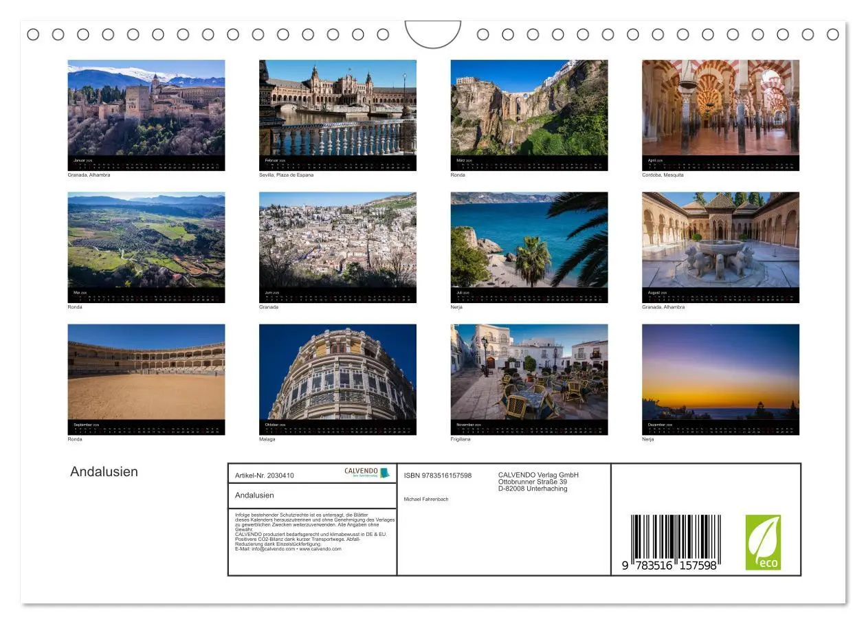 Bild: 9783516157598 | Andalusien (Wandkalender 2026 DIN A4 quer), CALVENDO Monatskalender