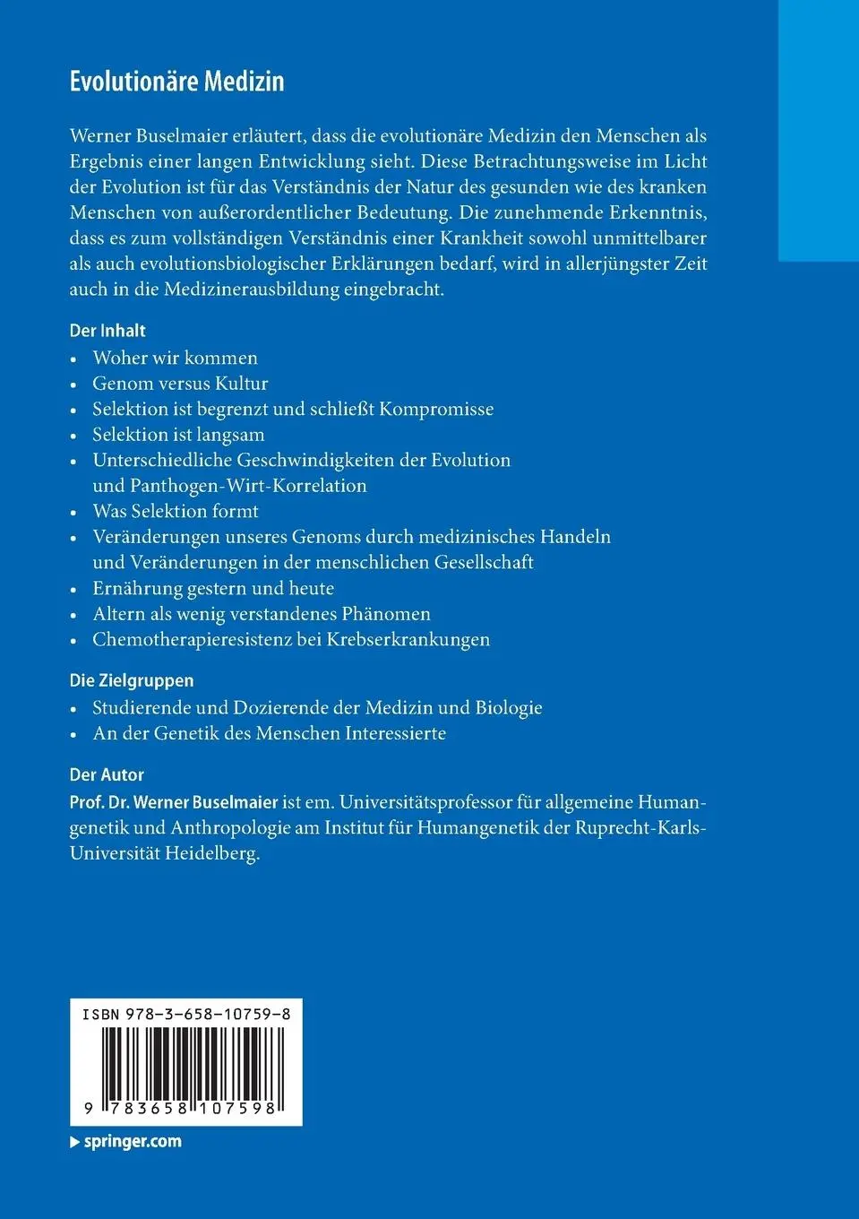 Rückseite: 9783658107598 | Evolutionäre Medizin | Eine Einführung für Mediziner und Biologen | xi