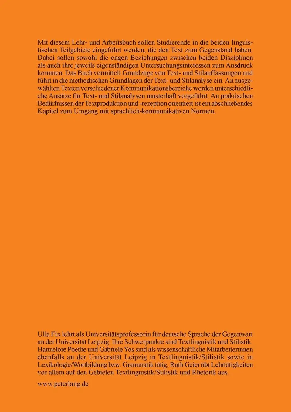 Rückseite: 9783631518298 | Textlinguistik und Stilistik für Einsteiger | Ulla Fix (u. a.) | Buch