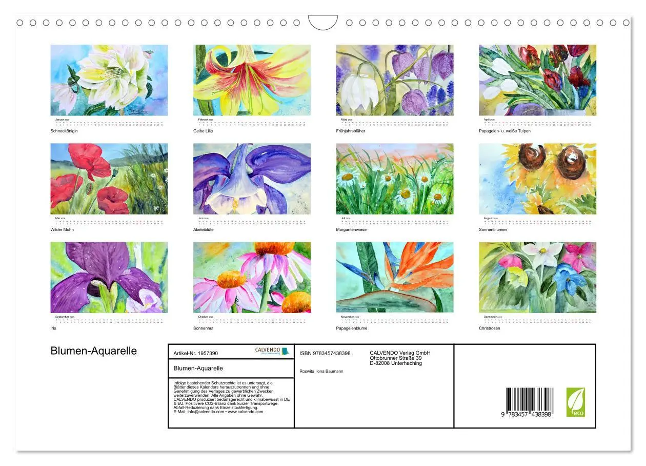 Bild: 9783457438398 | Blumen-Aquarelle (Wandkalender 2026 DIN A3 quer), CALVENDO...