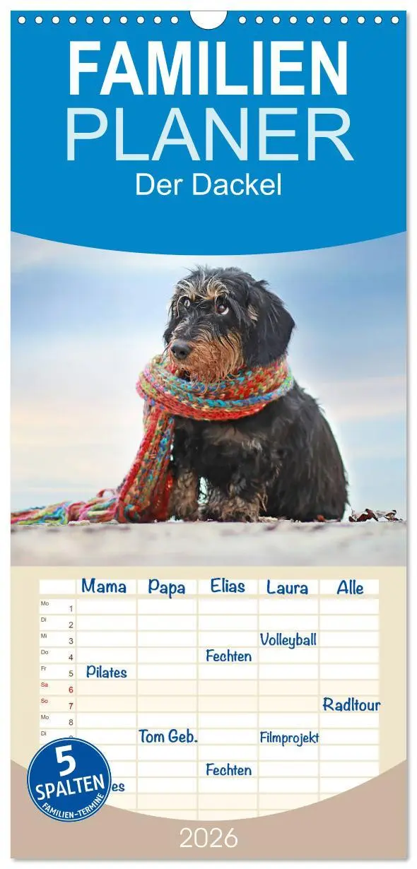 Cover: 9783516518498 | Familienplaner 2026 - Der Dackel mit 5 Spalten (Wandkalender, 21 x...