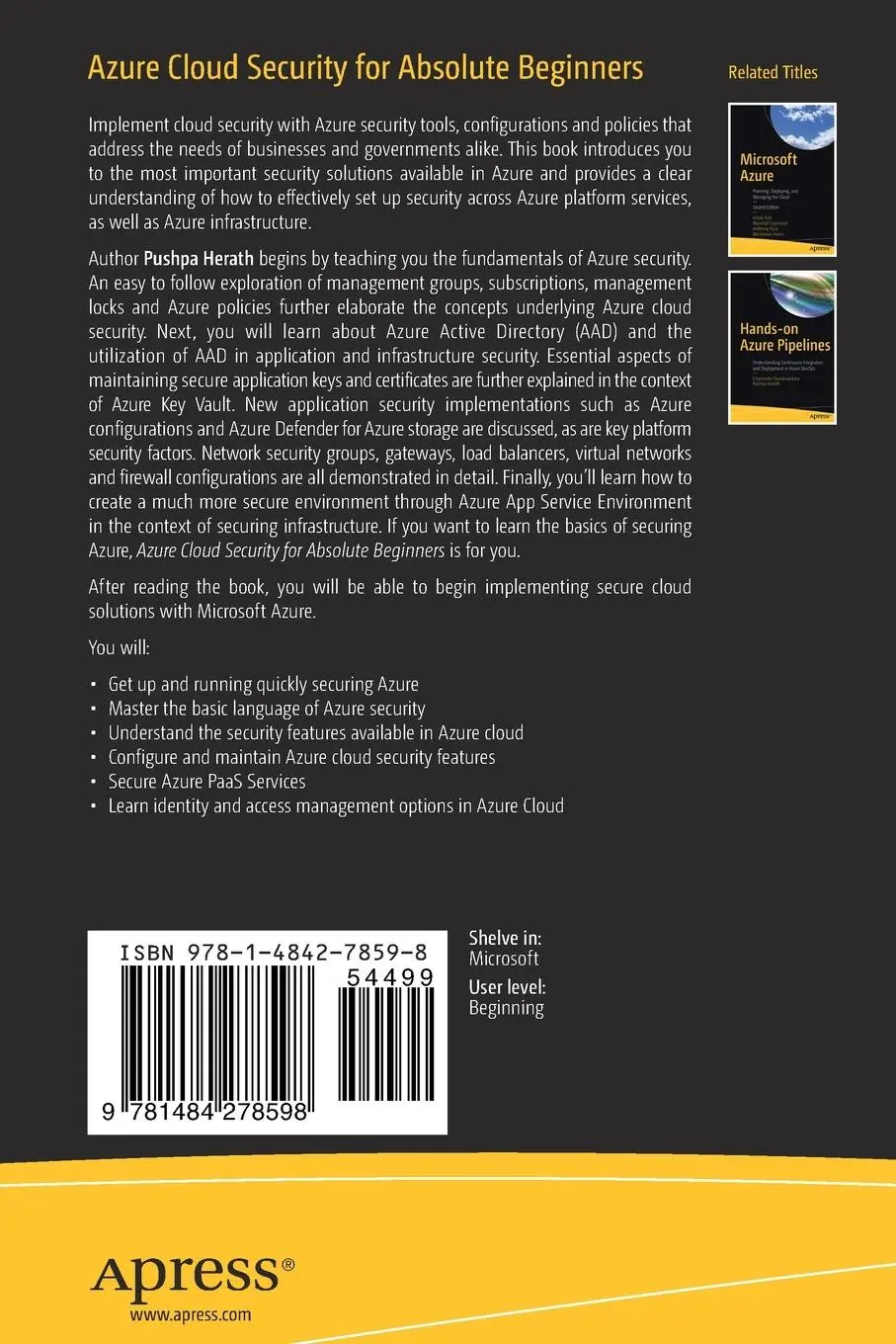 Rückseite: 9781484278598 | Azure Cloud Security for Absolute Beginners | Pushpa Herath | Buch