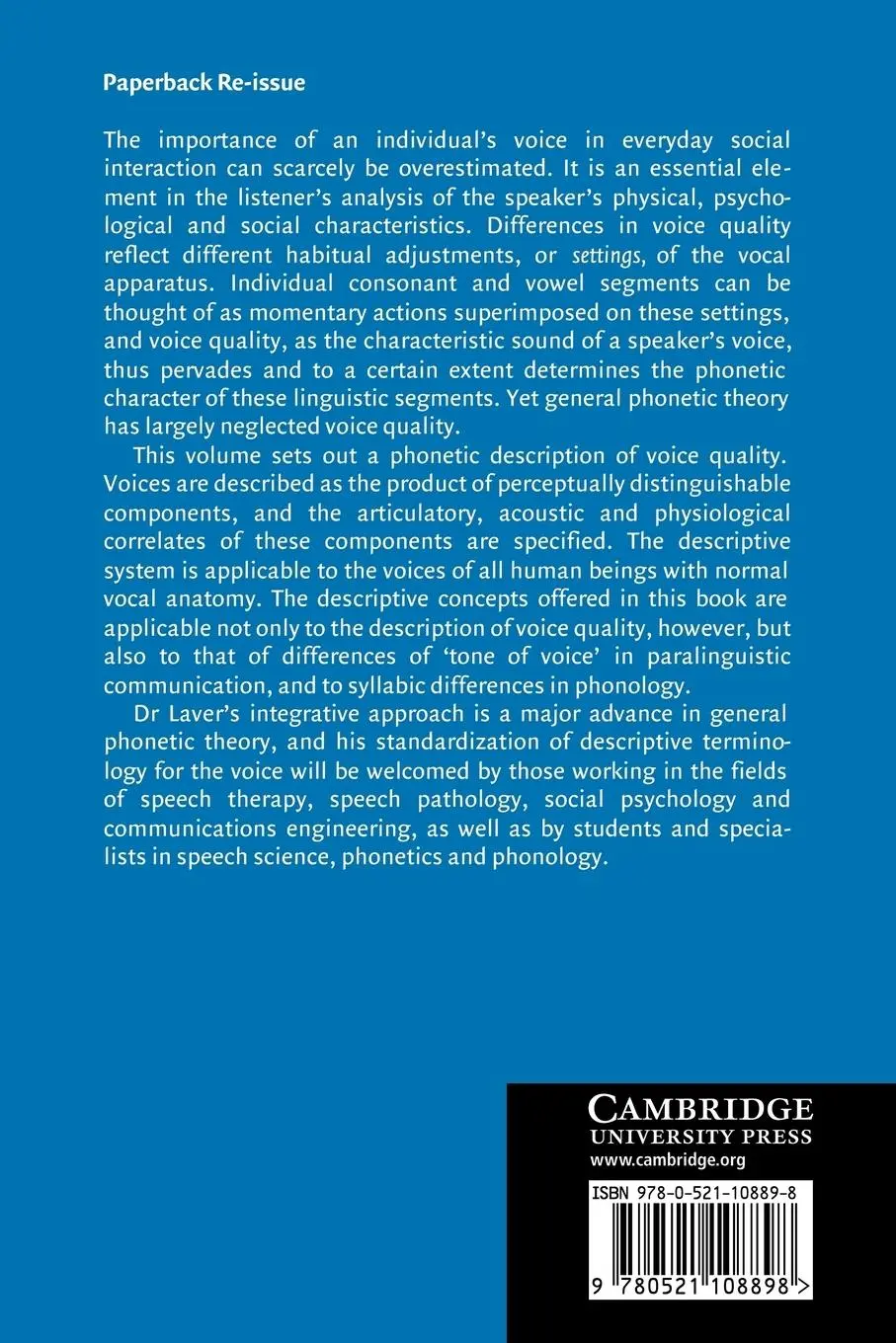 Rückseite: 9780521108898 | The Phonetic Description of Voice Quality | John Laver | Taschenbuch