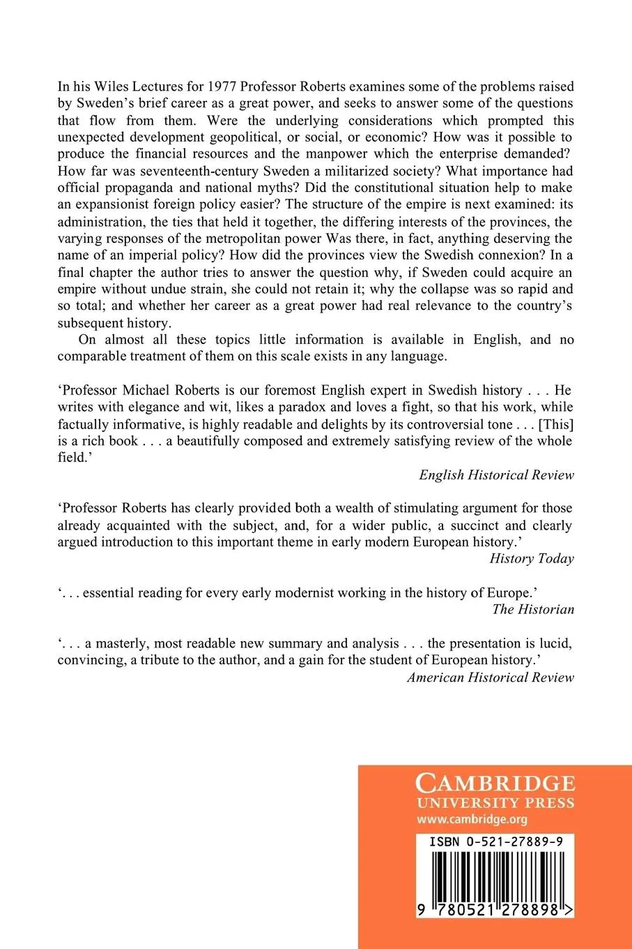 Rückseite: 9780521278898 | The Swedish Imperial Experience 1560 1718 | Michael Roberts | Buch