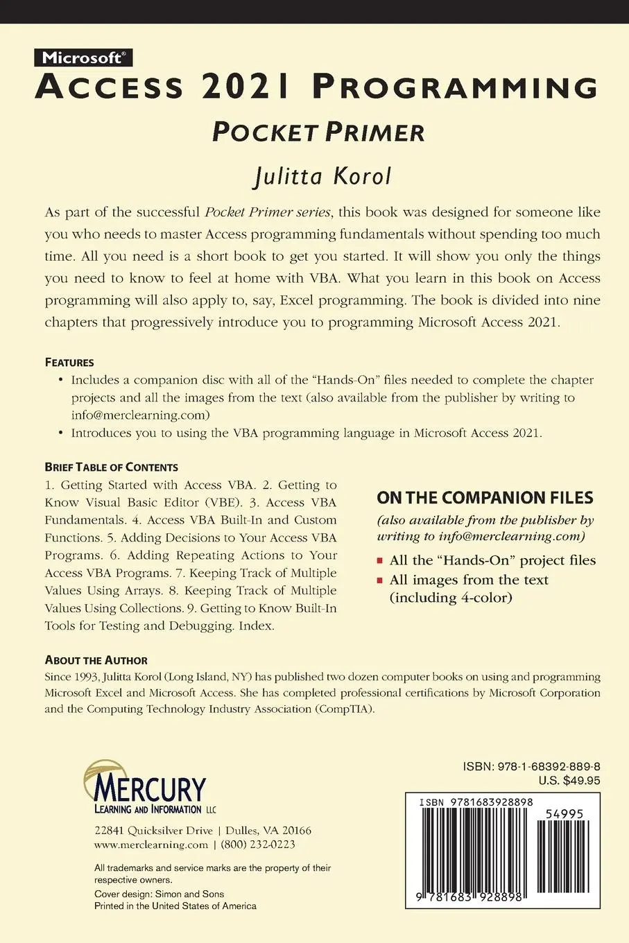 Rückseite: 9781683928898 | Microsoft Access 2021 Programming Pocket Primer | Julitta Korol | Buch