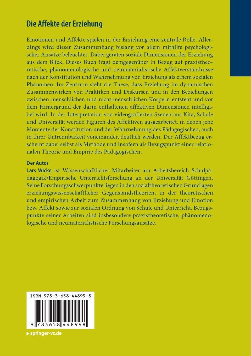 Rückseite: 9783658448998 | Die Affekte der Erziehung | Lars Wicke | Taschenbuch | Paperback | xv