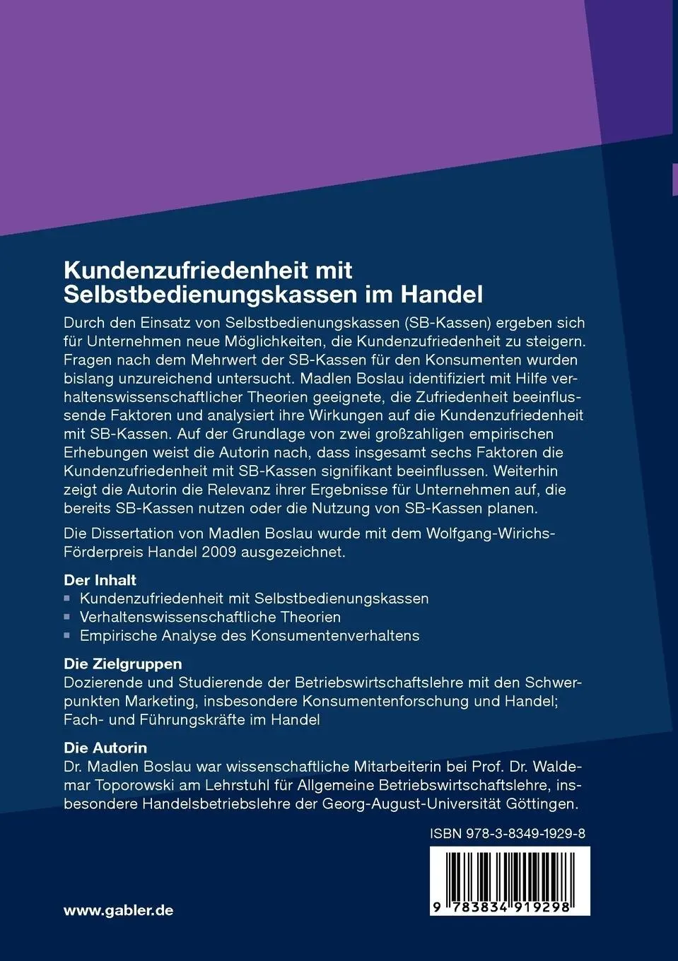 Rückseite: 9783834919298 | Kundenzufriedenheit mit Selbstbedienungskassen im Handel | Boslau