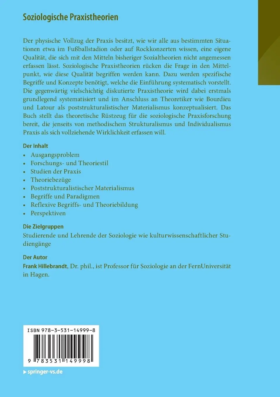 Rückseite: 9783531149998 | Soziologische Praxistheorien | Eine Einführung | Frank Hillebrandt | v