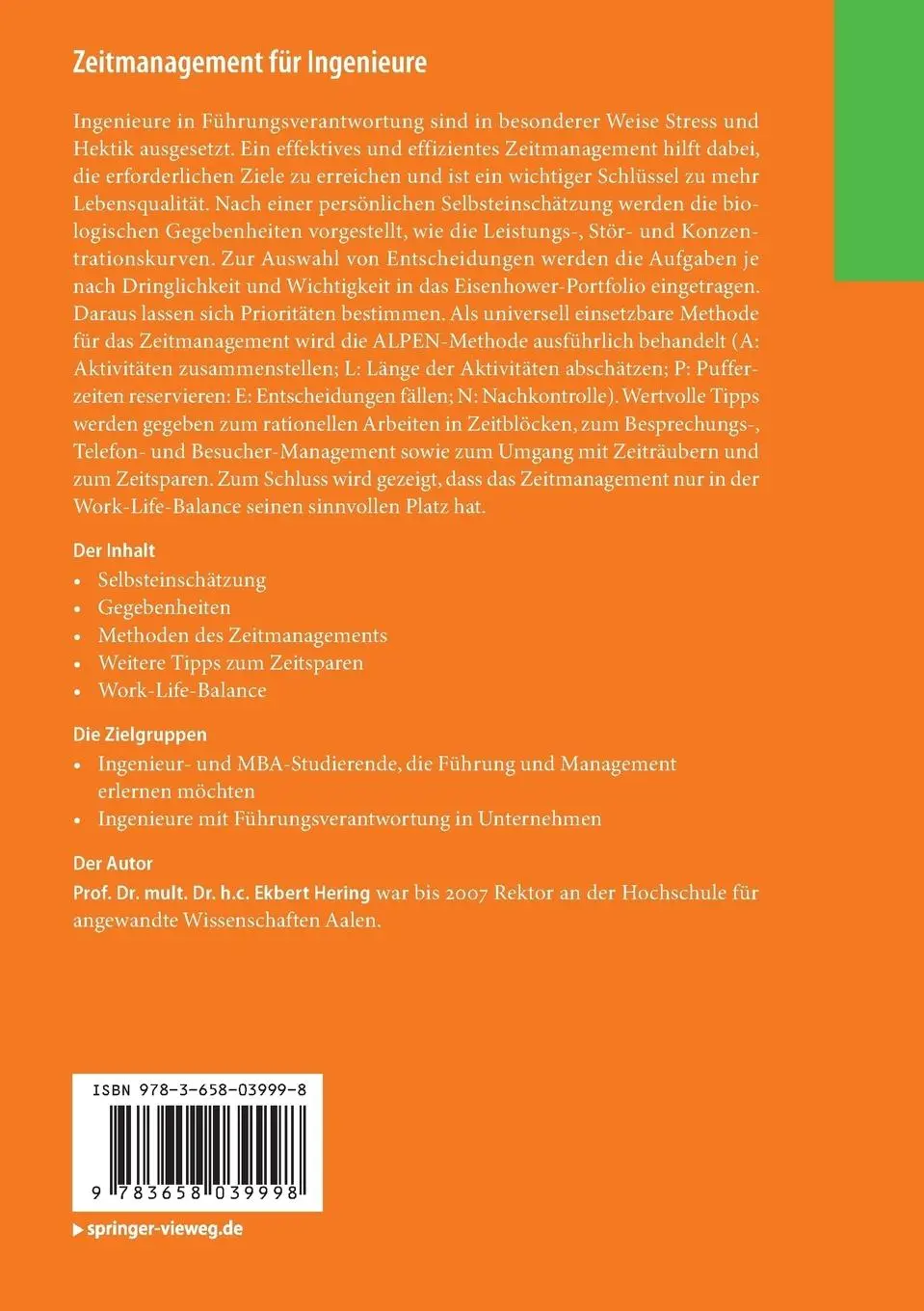 Rückseite: 9783658039998 | Zeitmanagement für Ingenieure | Ekbert Hering | Taschenbuch | viii