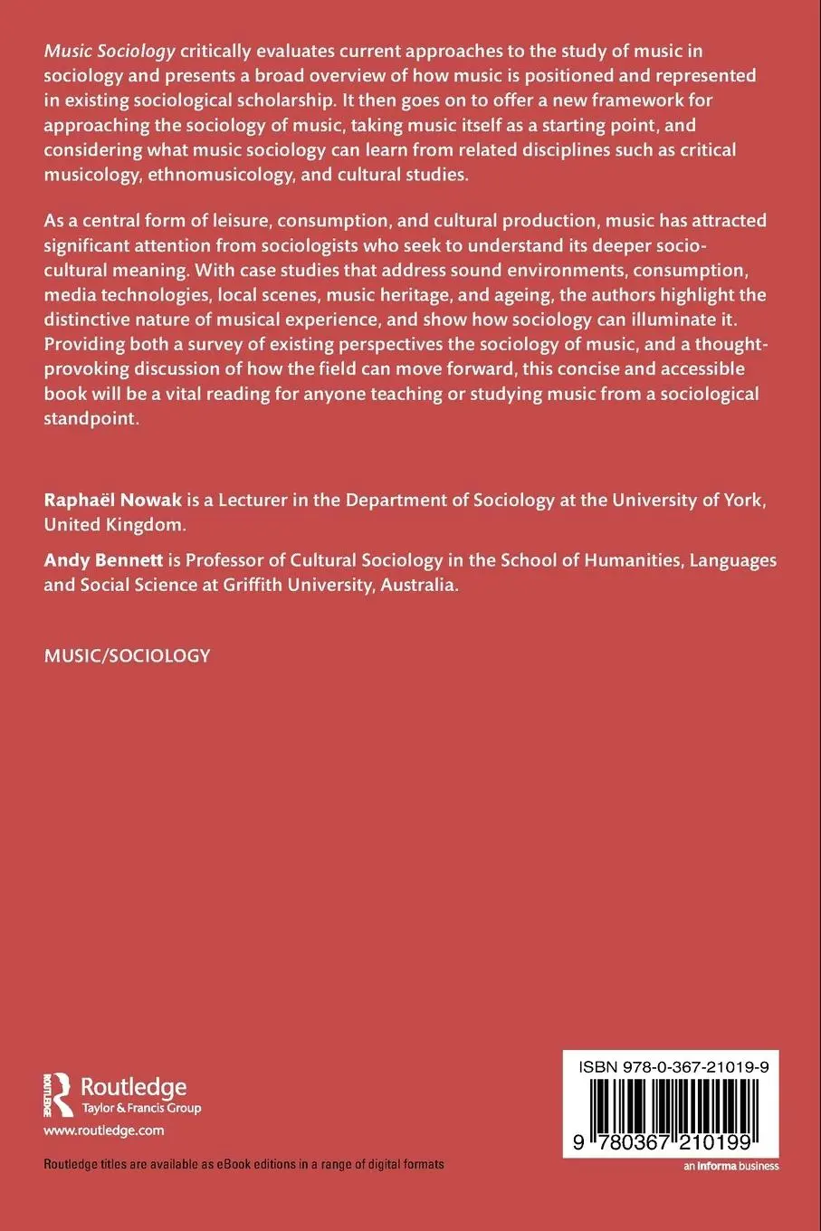 Rückseite: 9780367210199 | Music Sociology | Value, Technology, and Identity | Nowak (u. a.)
