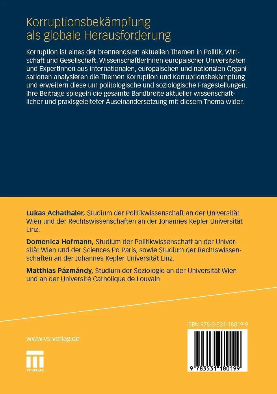 Rückseite: 9783531180199 | Korruptionsbekämpfung als globale Herausforderung | Achathaler (u. a.)