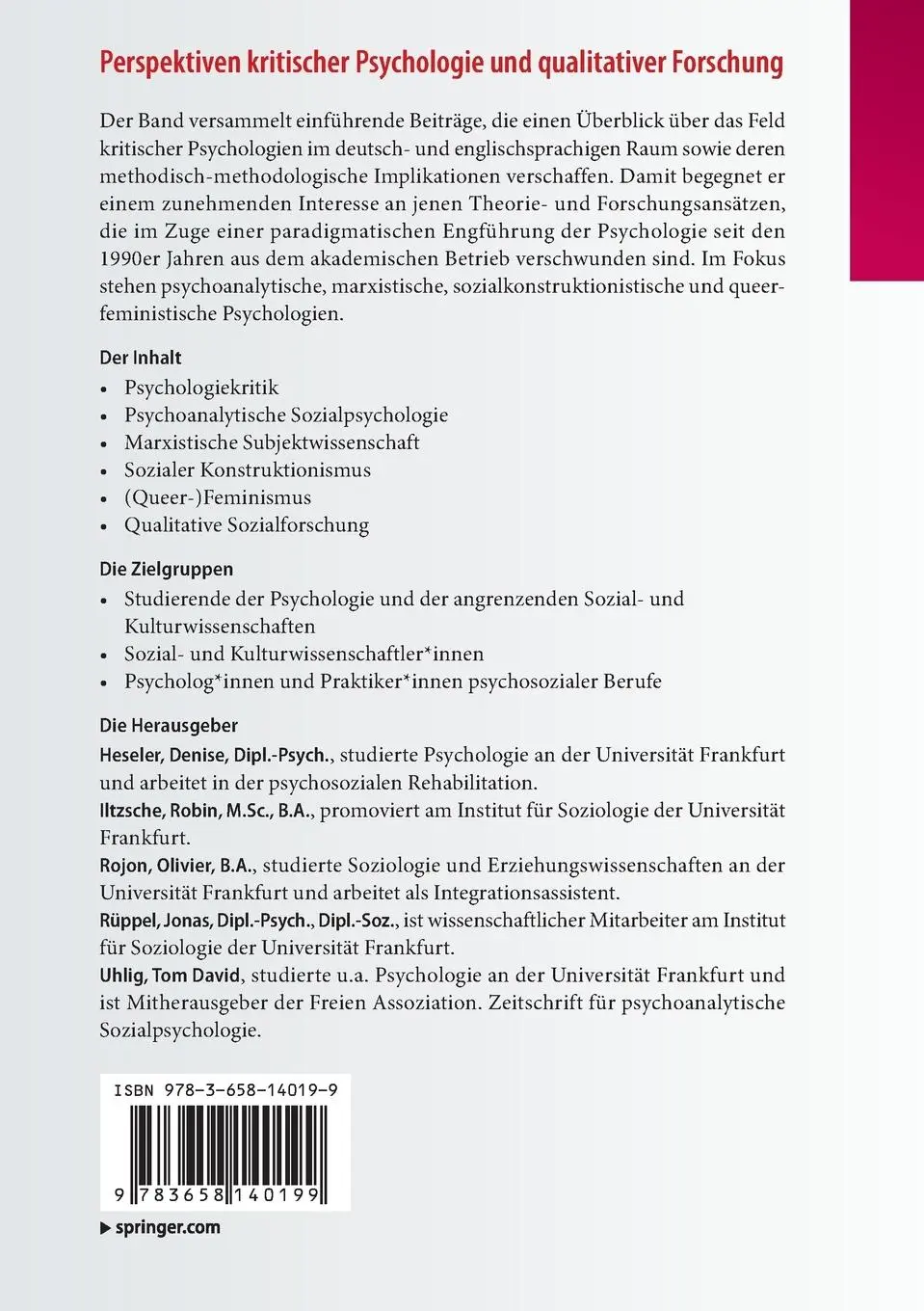 Rückseite: 9783658140199 | Perspektiven kritischer Psychologie und qualitativer Forschung | Buch