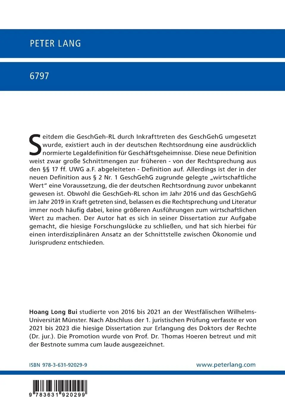 Rückseite: 9783631920299 | Der wirtschaftliche Wert von Geschäftsgeheimnissen | Long Bui | Buch