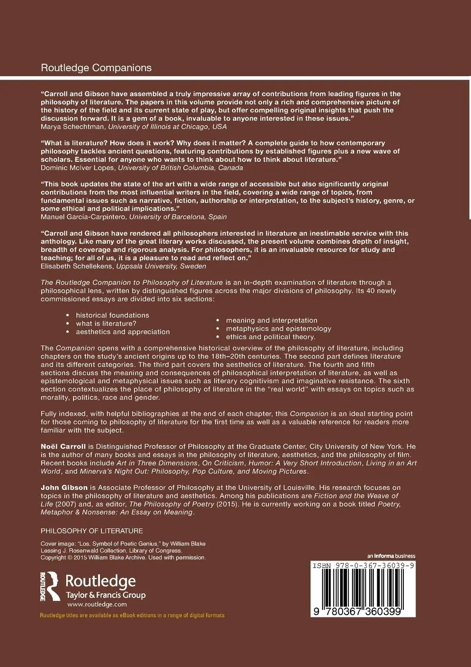 Rückseite: 9780367360399 | The Routledge Companion to Philosophy of Literature | Carroll (u. a.)