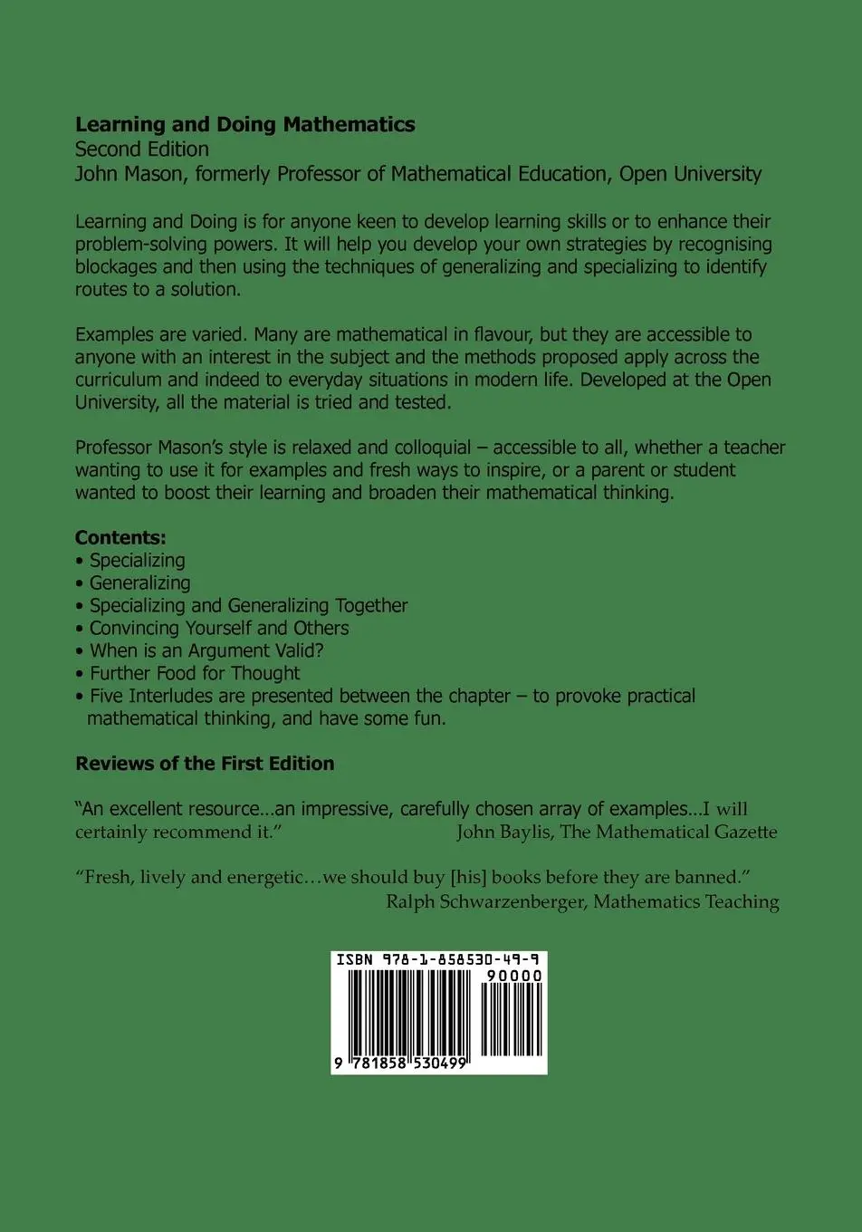 Rückseite: 9781858530499 | Learning and Doing Mathematics | John Mason | Taschenbuch | Englisch