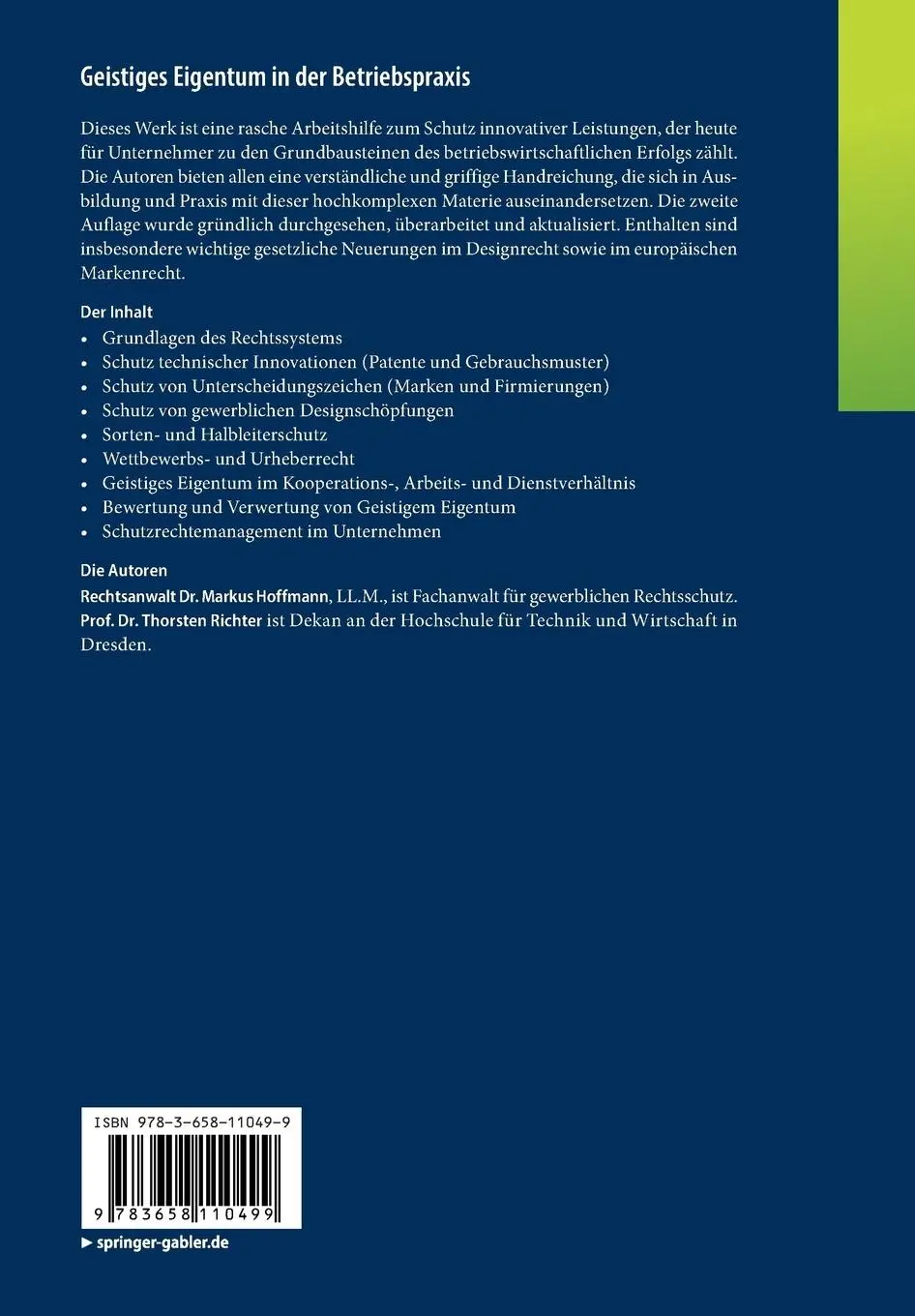 Rückseite: 9783658110499 | Geistiges Eigentum in der Betriebspraxis | Thorsten Richter (u. a.)