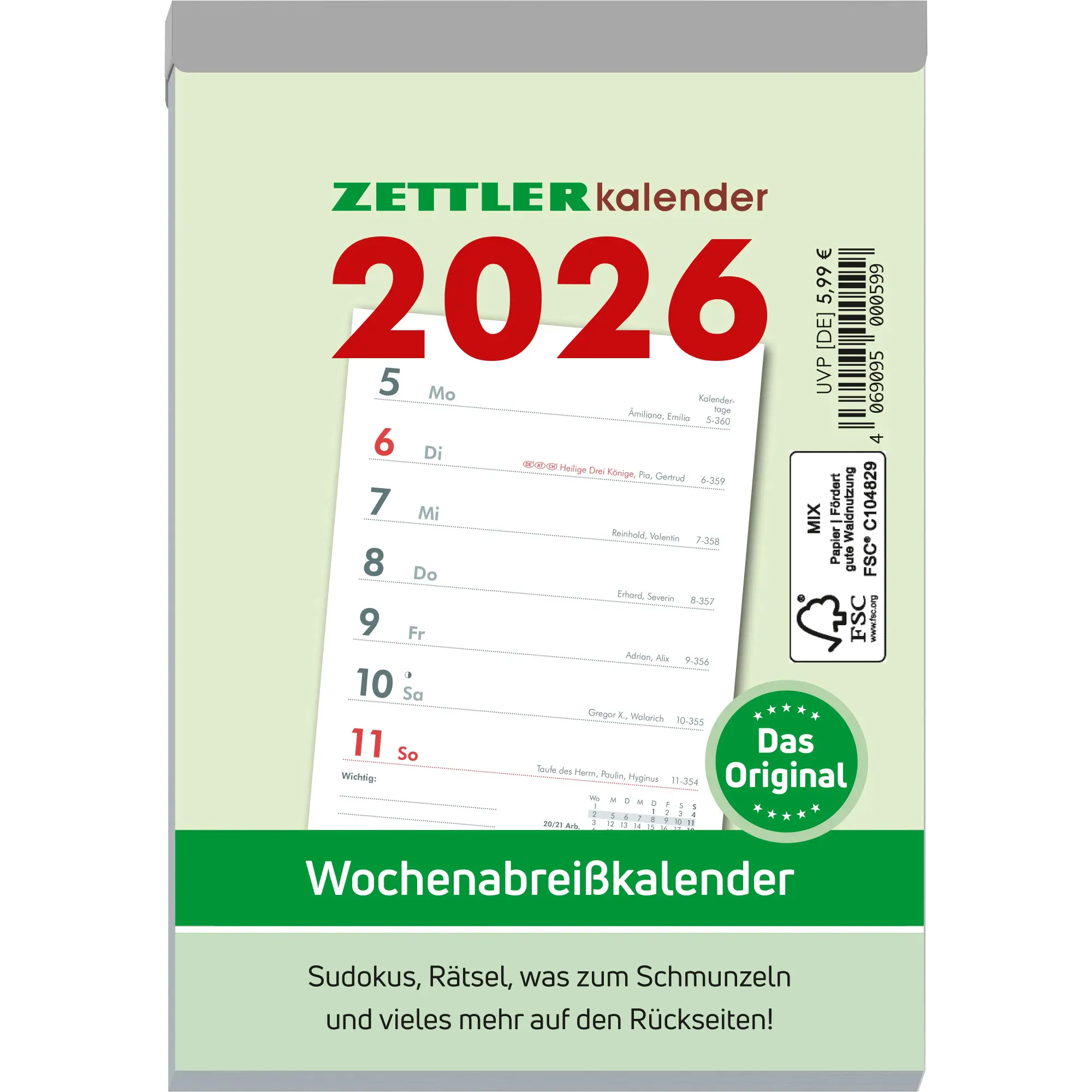 Cover: 4069095000599 | Wochenabreißkalender 2025 - 10,5x14,6 cm - 1 Woche auf 1 Seite -...