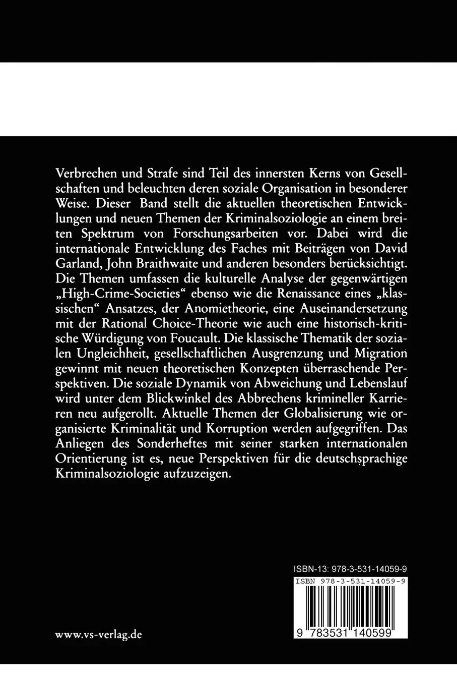 Rückseite: 9783531140599 | Soziologie der Kriminalität | Susanne Karstedt (u. a.) | Taschenbuch