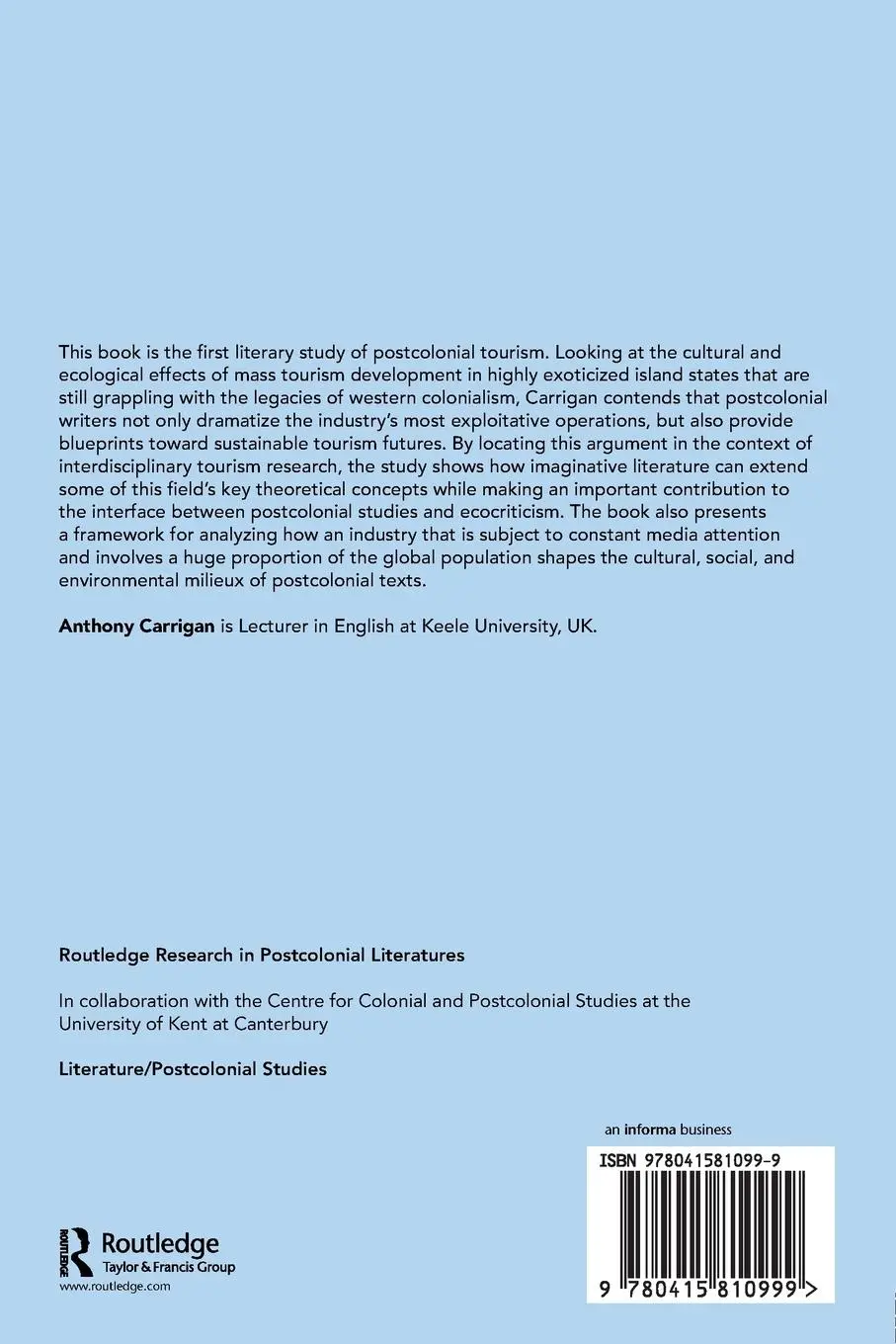 Rückseite: 9780415810999 | Postcolonial Tourism | Literature, Culture, and Environment | Carrigan