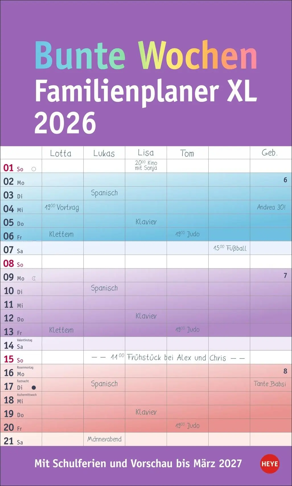 Cover: 9783756411399 | Bunte Wochen Familienplaner XL 2026 | Heye | Kalender | Spiralbindung