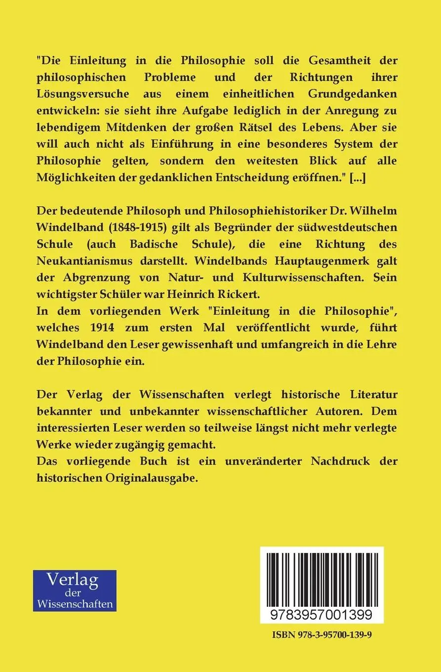 Rückseite: 9783957001399 | Einleitung in die Philosophie | Wilhelm Windelband | Taschenbuch