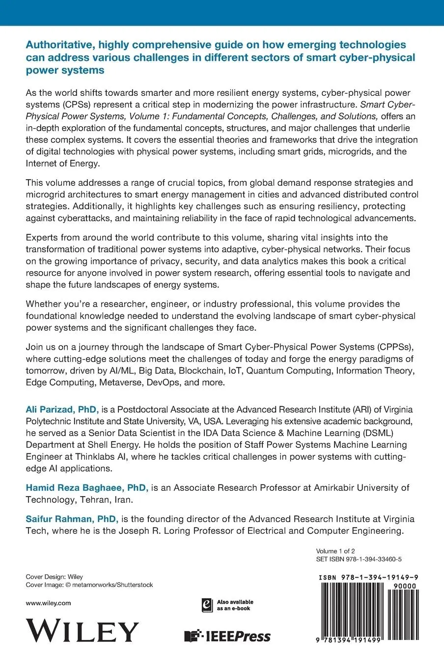 Rückseite: 9781394191499 | Smart Cyber-Physical Power Systems, Volume 1 | Ali Parizad (u. a.)