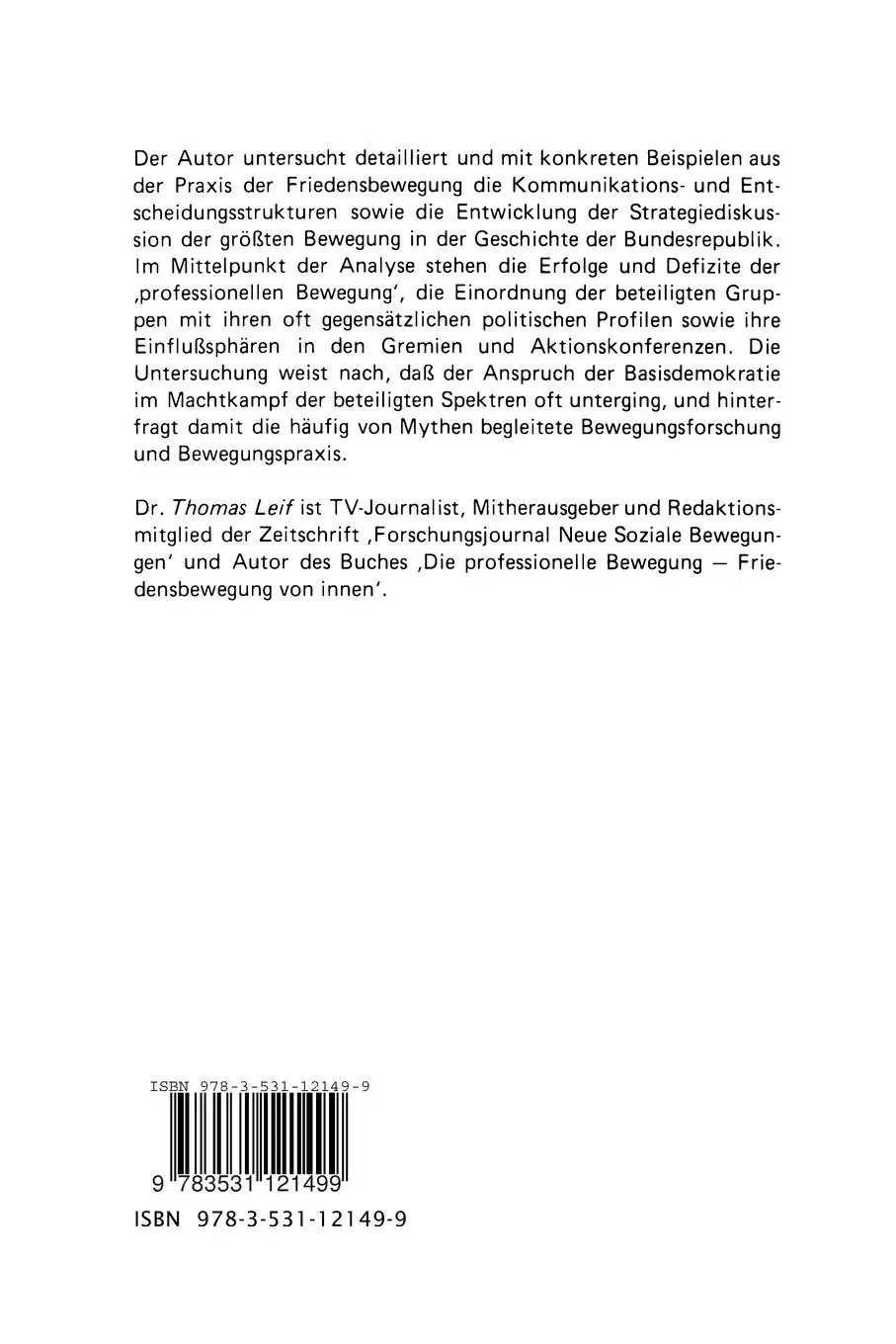 Rückseite: 9783531121499 | Die strategische (Ohn-) Macht der Friedensbewegung | Thomas Leif
