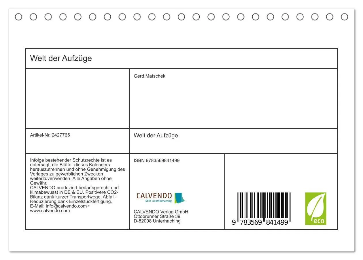 Bild: 9783569841499 | Welt der Aufzüge (Tischkalender 2027 DIN A5 quer), CALVENDO...