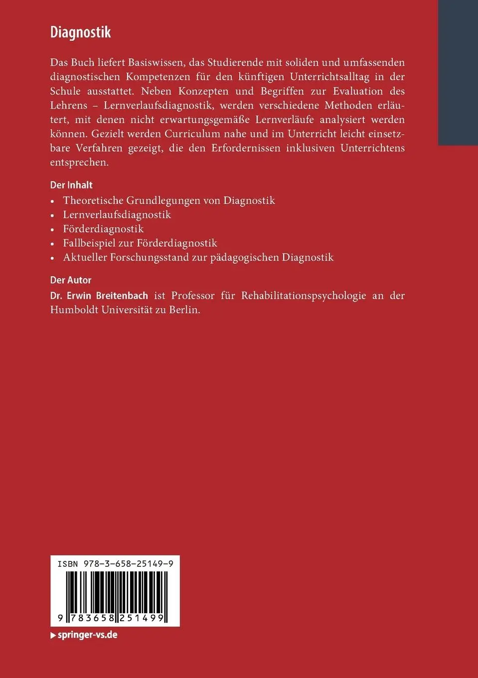 Rückseite: 9783658251499 | Diagnostik | Eine Einführung | Erwin Breitenbach | Taschenbuch | vii