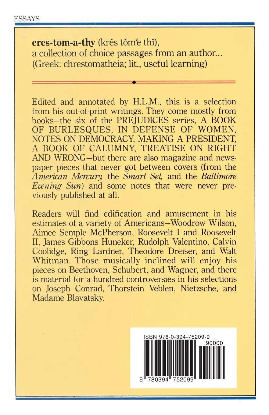 Rückseite: 9780394752099 | A Mencken Chrestomathy | His Own Selection of His Choicest Writings