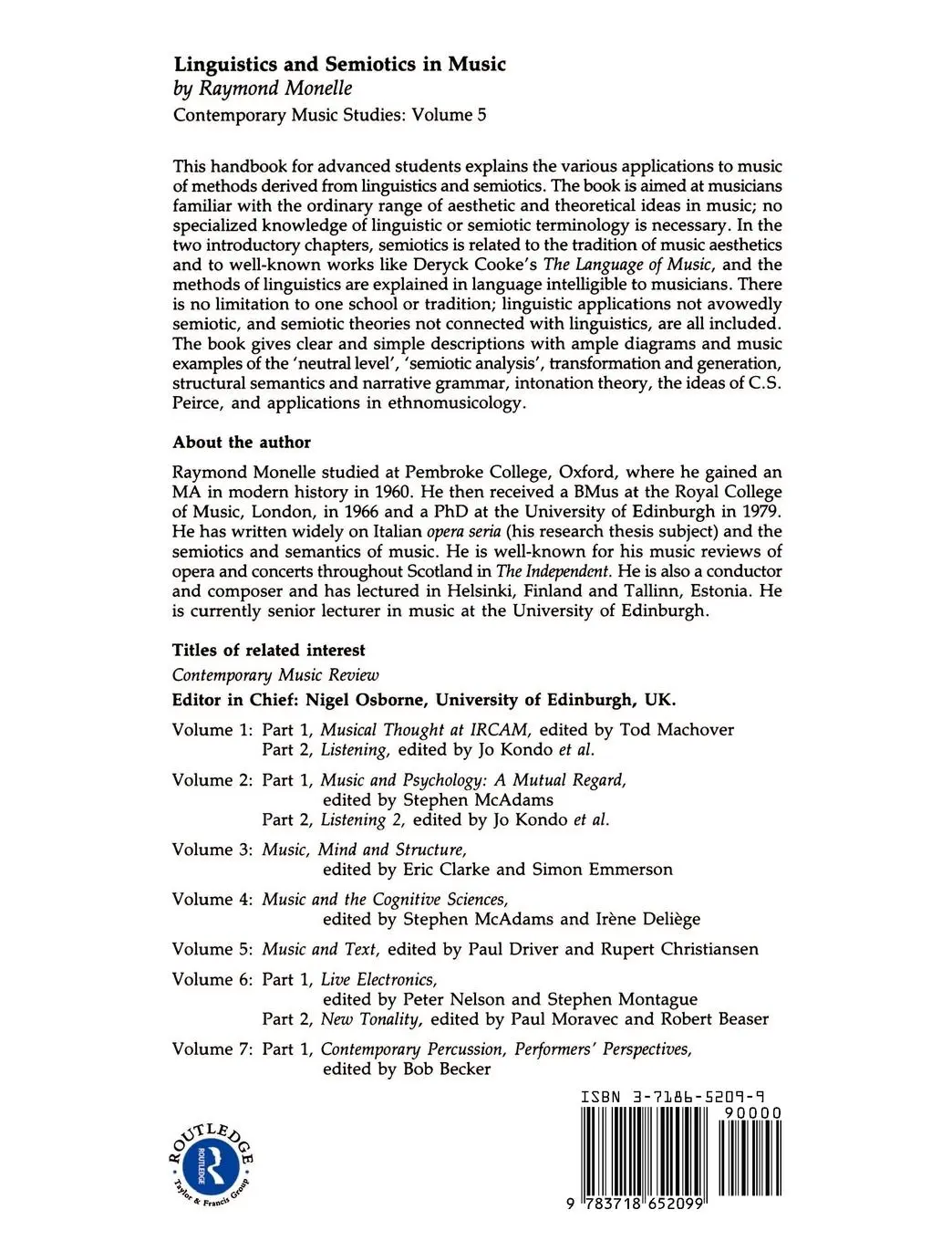 Rückseite: 9783718652099 | Linguistics and Semiotics in Music | Raymond Monelle | Taschenbuch