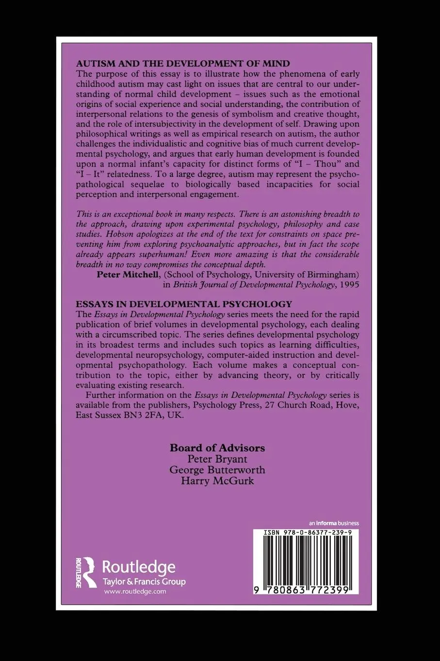 Rückseite: 9780863772399 | Autism and the Development of Mind | R. Peter Hobson | Taschenbuch