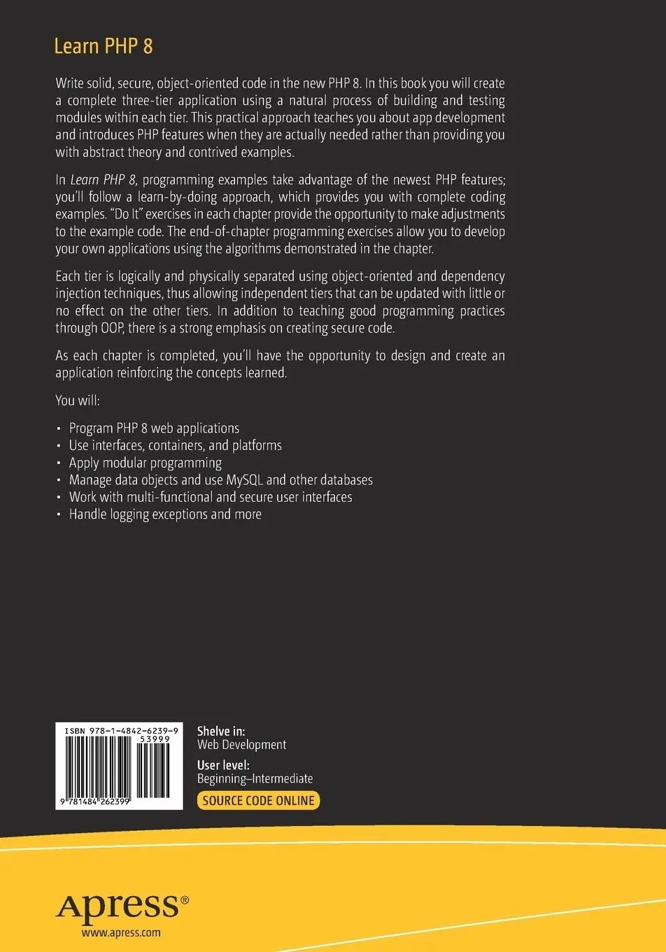 Rückseite: 9781484262399 | Learn PHP 8 | Using MySQL, JavaScript, CSS3, and HTML5 | Prettyman