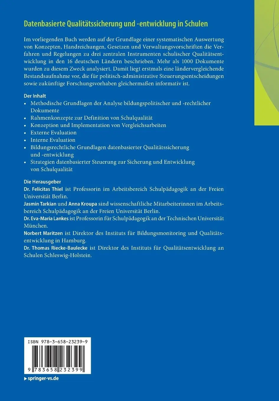 Rückseite: 9783658232399 | Datenbasierte Qualitätsentwicklung in Schulen | Thiel (u. a.) | Buch