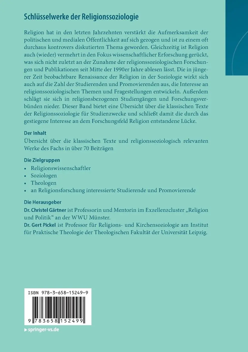 Rückseite: 9783658152499 | Schlüsselwerke der Religionssoziologie | Gert Pickel (u. a.) | Buch