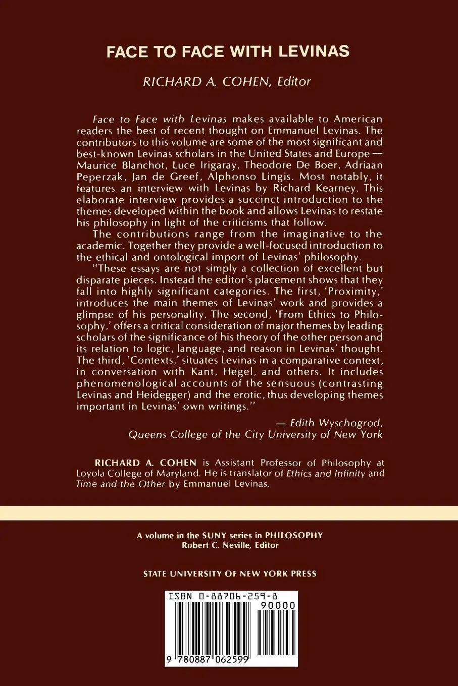 Rückseite: 9780887062599 | Face to Face with Levinas | Richard A. Cohen | Taschenbuch | Englisch