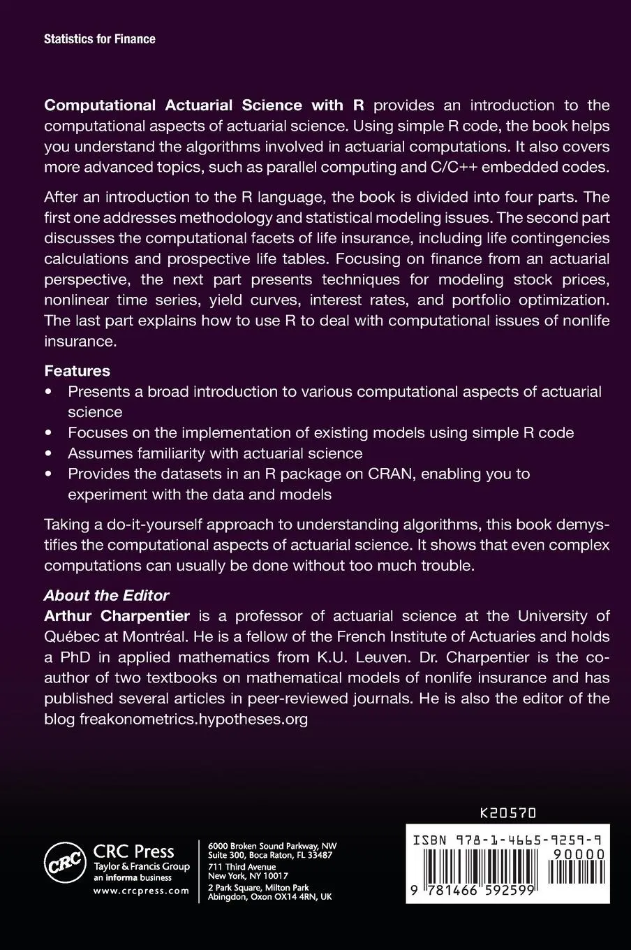 Rückseite: 9781466592599 | Computational Actuarial Science with R | Arthur Charpentier | Buch