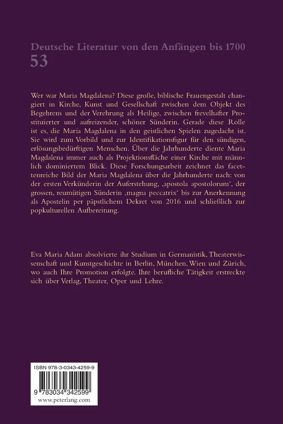 Rückseite: 9783034342599 | Maria Magdalena in geistlichen Spielen des Mittelalters | Adam | Buch