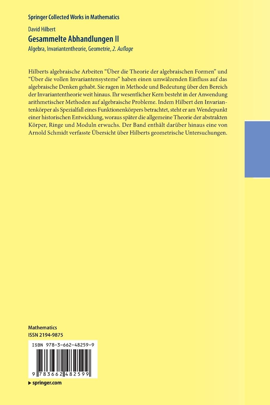 Rückseite: 9783662482599 | Gesammelte Abhandlungen II | Algebra, Invariantentheorie, Geometrie