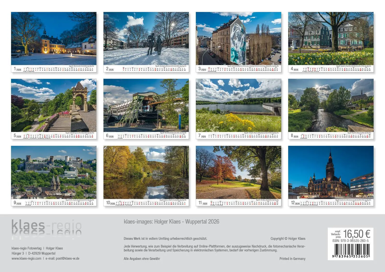Rückseite: 9783965352599 | Wuppertal 2026 Bildkalender A3 Spiralbindung | Holger Klaes | Kalender
