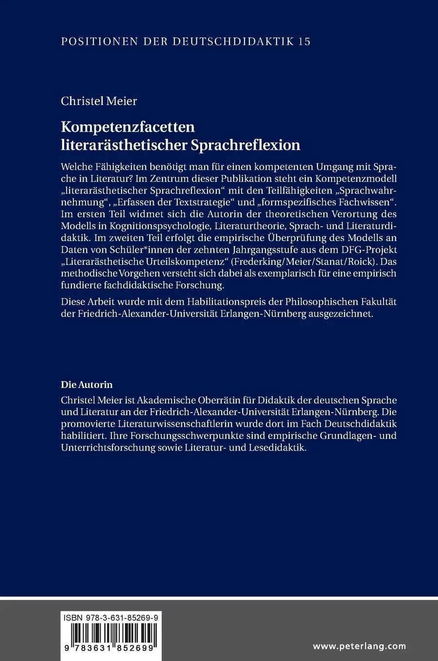 Rückseite: 9783631852699 | Kompetenzfacetten literarästhetischer Sprachreflexion | Christel Meier
