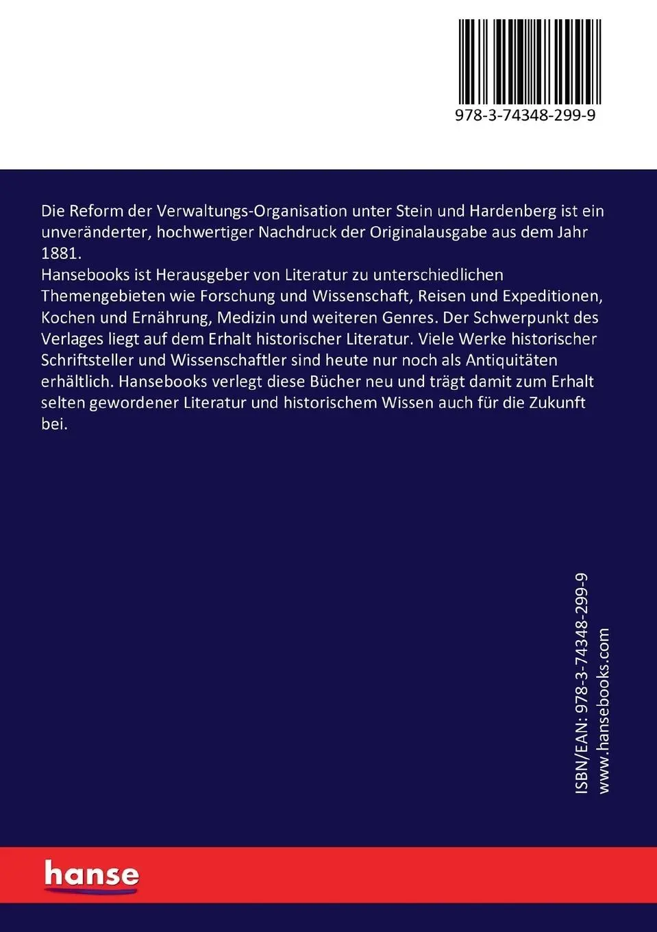 Rückseite: 9783743482999 | Die Reform der Verwaltungs-Organisation unter Stein und Hardenberg