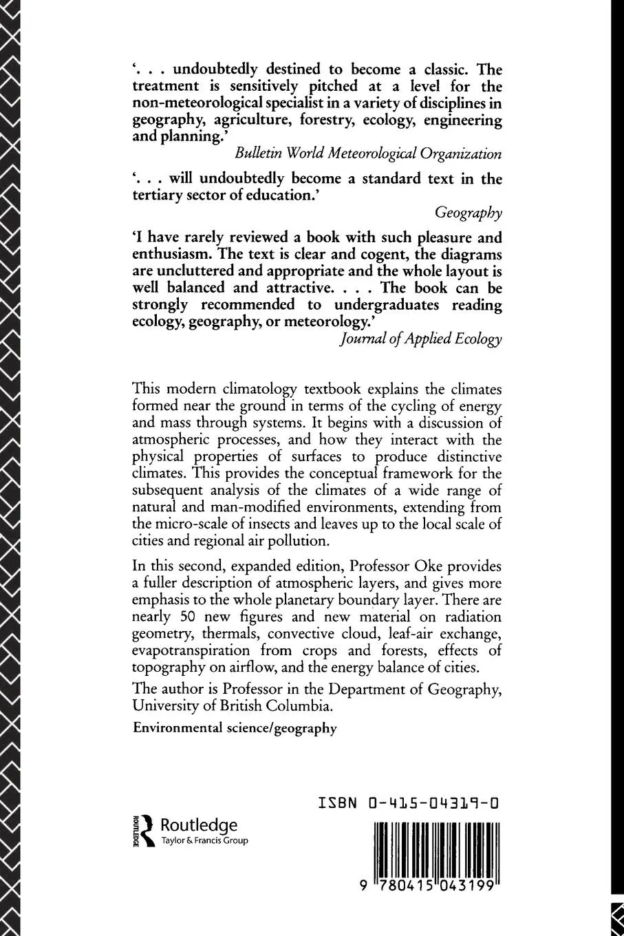 Rückseite: 9780415043199 | Boundary Layer Climates | T. R. Oke | Taschenbuch | Englisch | 1987