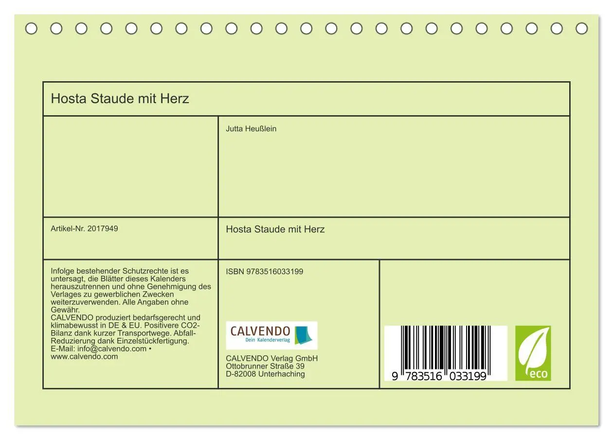 Bild: 9783516033199 | Hosta Staude mit Herz (Tischkalender 2026 DIN A5 quer), CALVENDO...