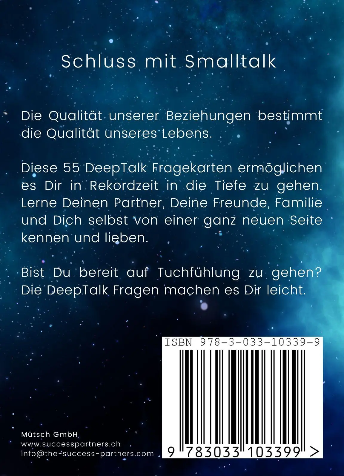 Rückseite: 9783033103399 | DeepTalk Gesprächsfragekarten (Poket Size) | Mütsch GmbH | Spiel