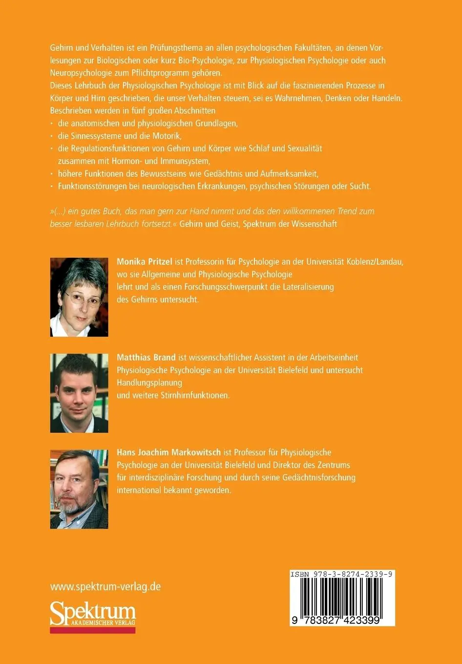 Rückseite: 9783827423399 | Gehirn und Verhalten | Ein Grundkurs der physiologischen Psychologie